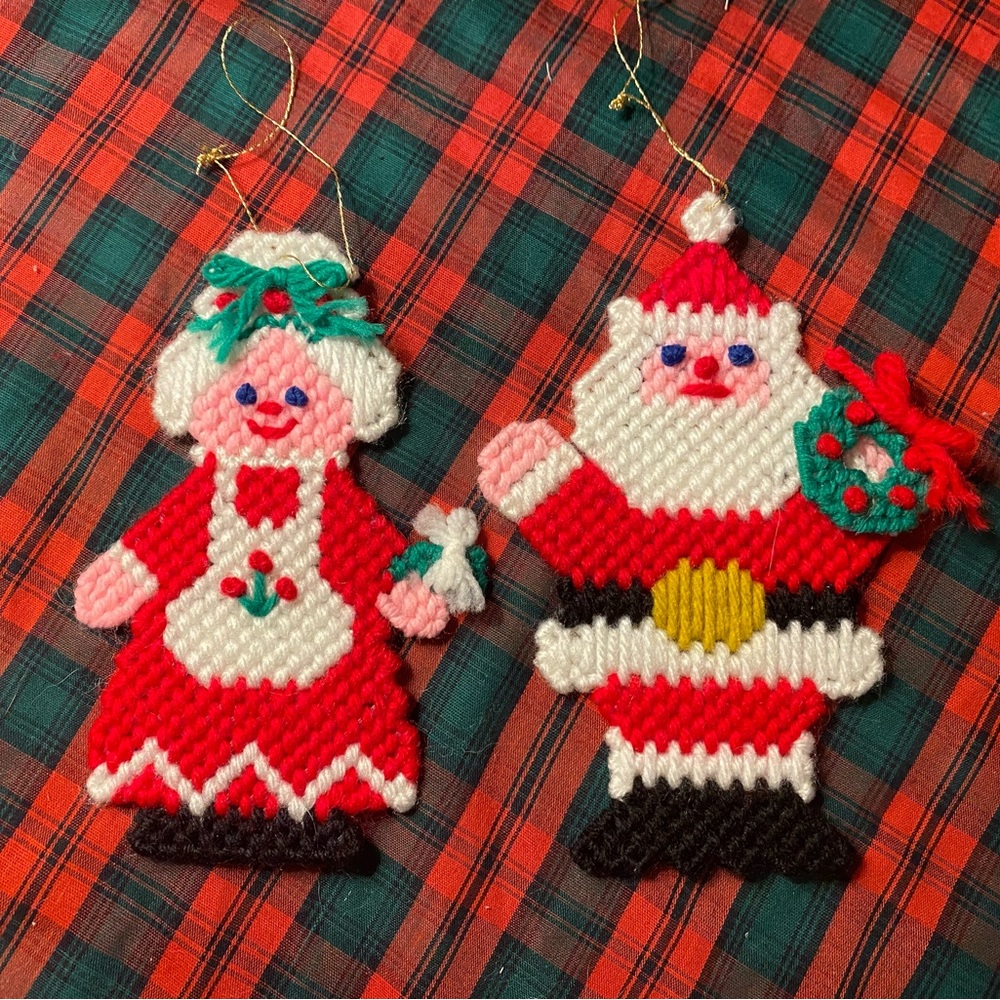 ⭐️4/$20 vintage needlepoint mr and Mrs clause ornaments